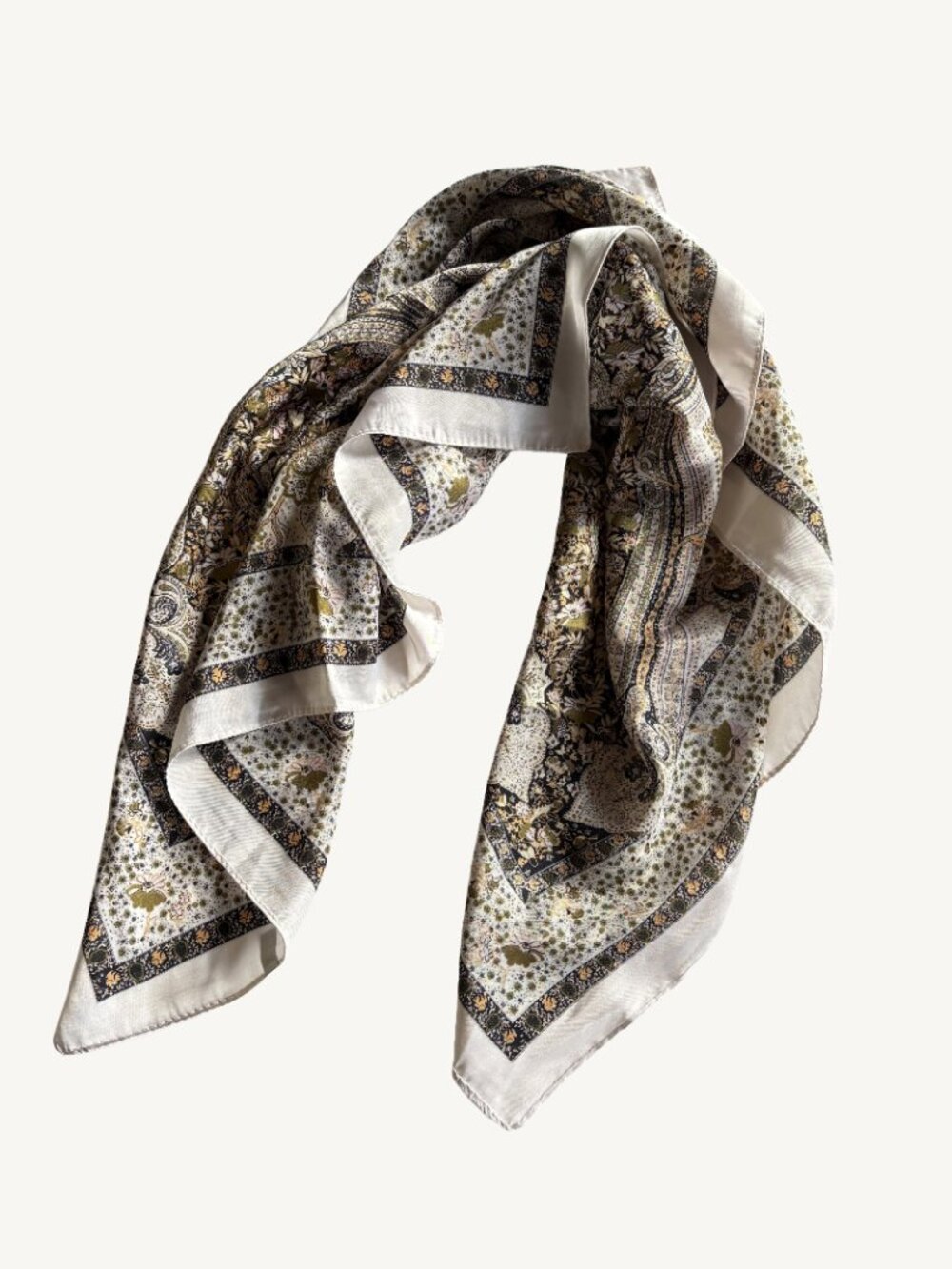 Square Floral Print Polyester Scarf in Cream, Olive & Navy